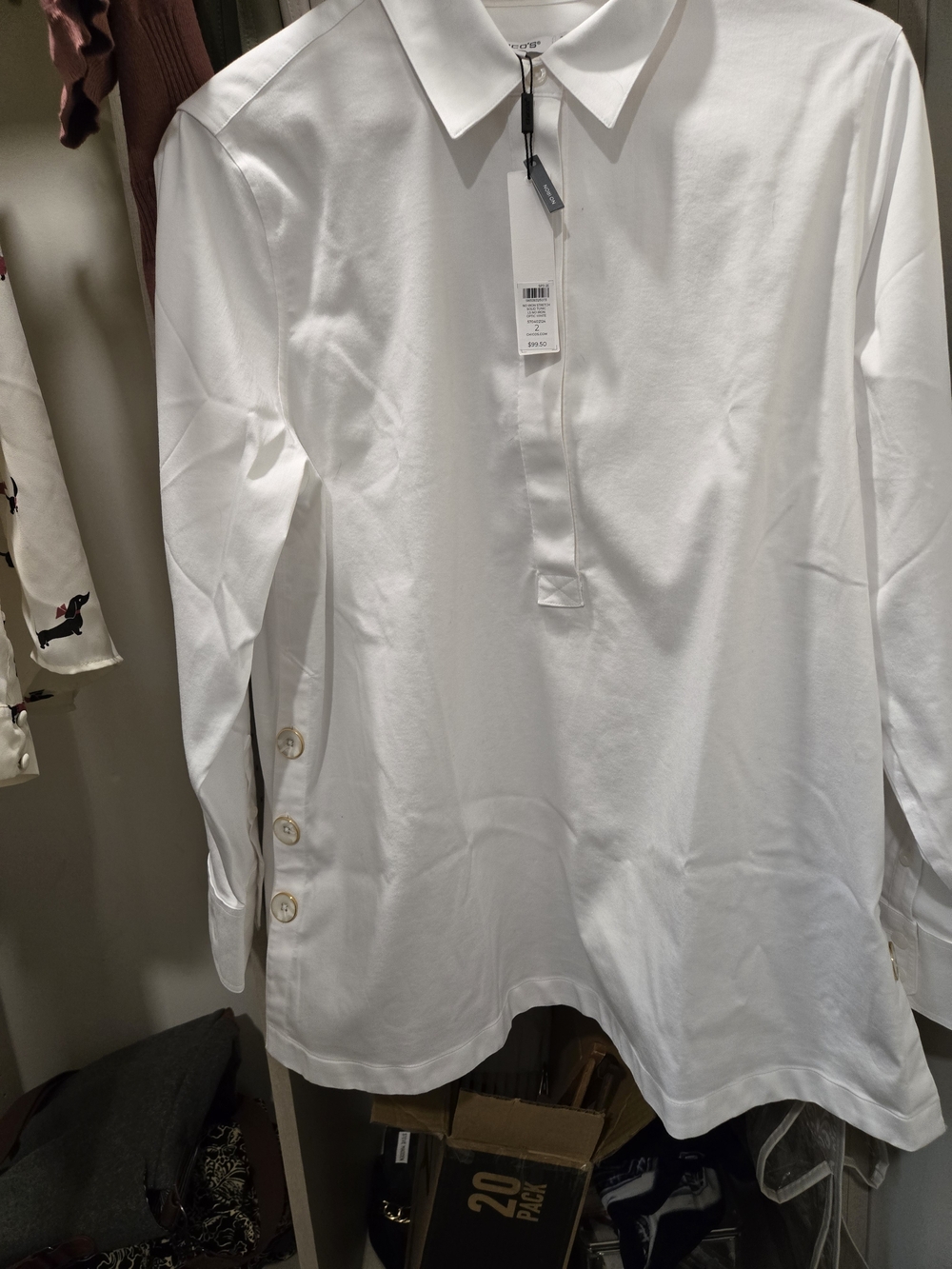Chico's White Long-Sleeve Polo Tunic with Side Button Detail